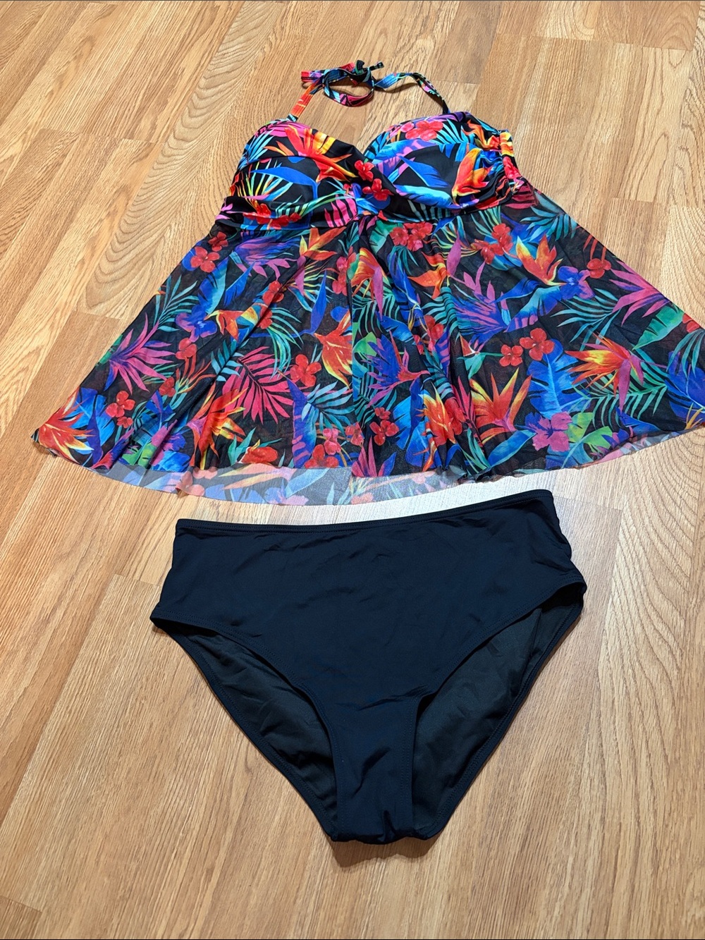 Women's Black Floral Tankini Swim Top with Black Bikini Bottom